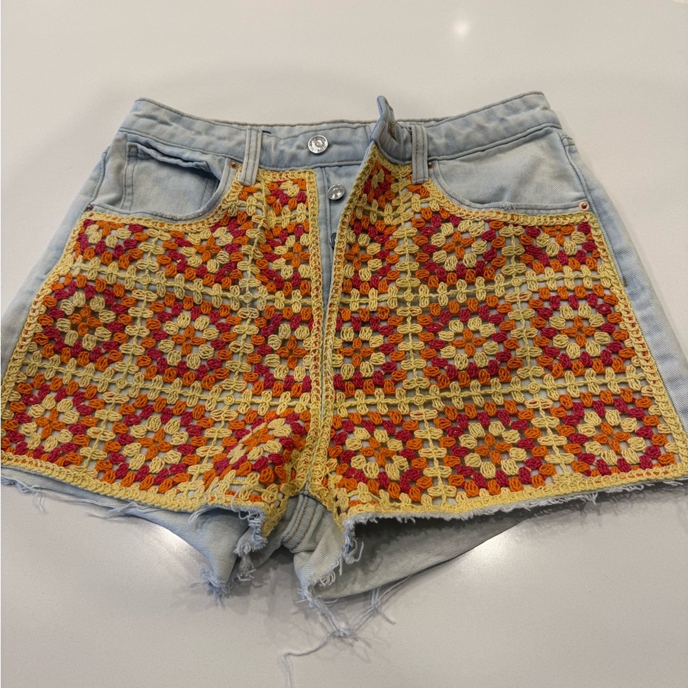 Wild Fable Light Blue Jean Shorts with Red and Yellow Crochet